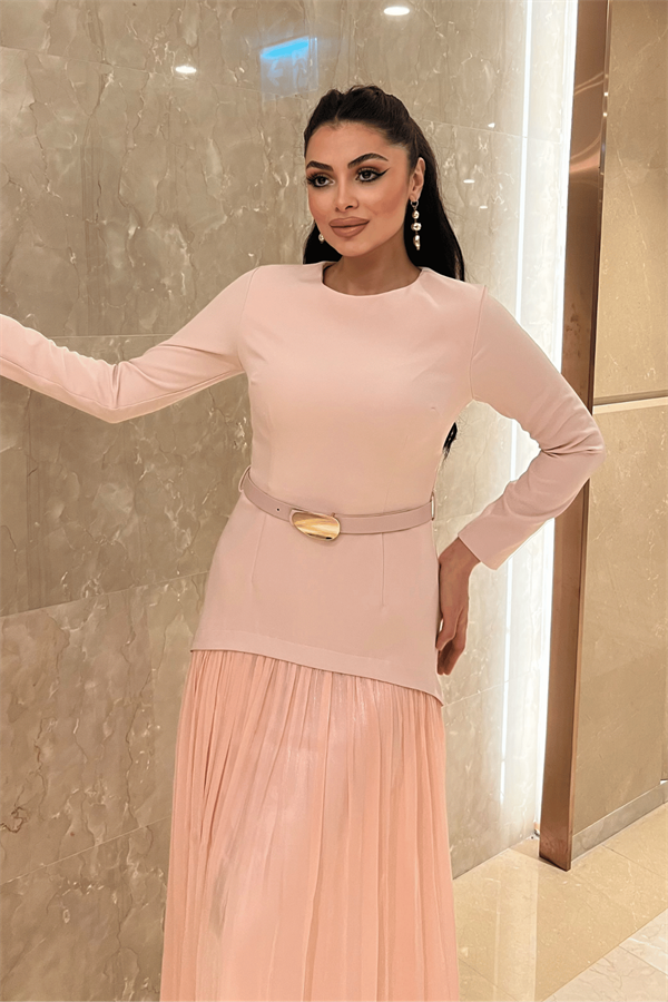 Üst Atlas Alt Şifon Kumaş Elbise - PEMBE