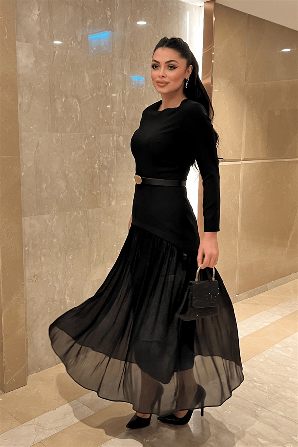 Üst Atlas Alt Şifon Kumaş Elbise - SİYAH