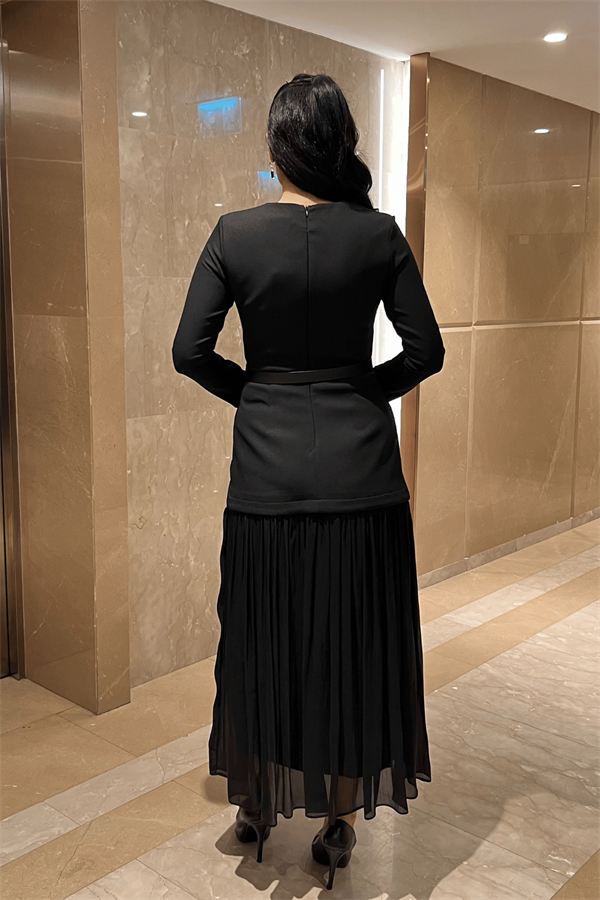 Üst Atlas Alt Şifon Kumaş Elbise - SİYAH