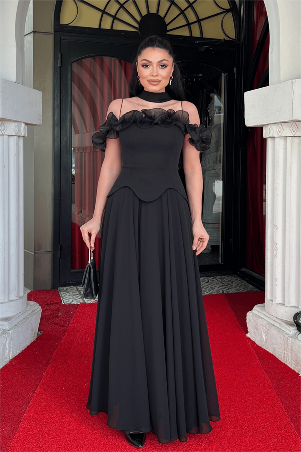 Üst Atlas Kumaş Alt Şifon Şal Detaylı Elbise - SİYAH