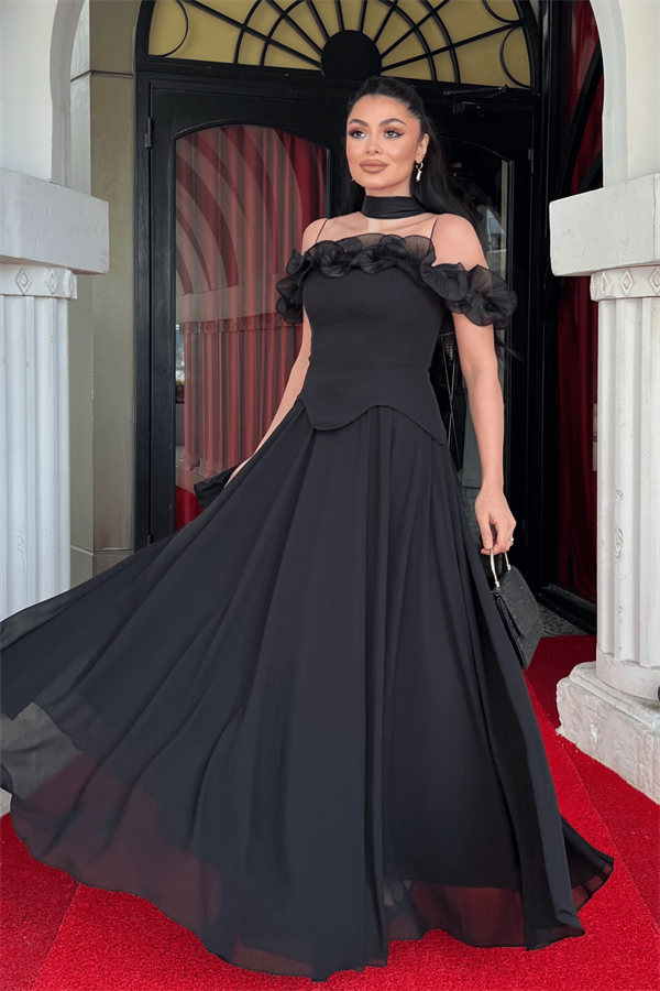 Üst Atlas Kumaş Alt Şifon Şal Detaylı Elbise - SİYAH