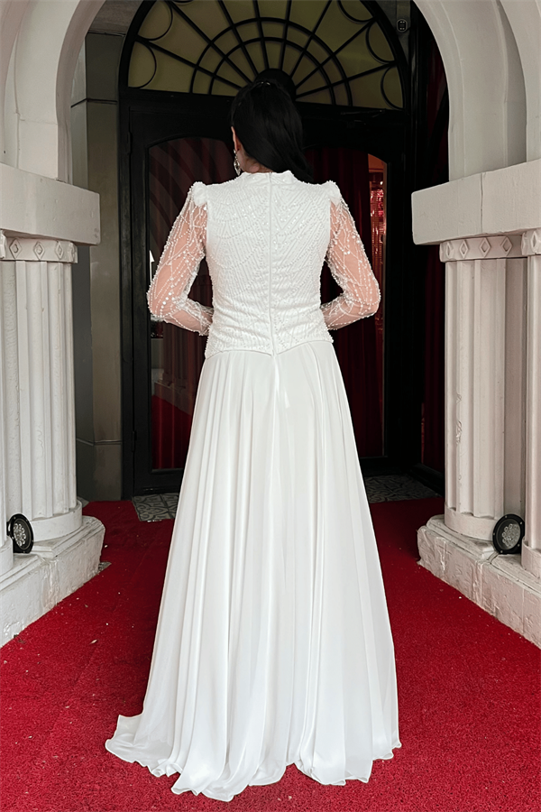 Üst Boncuk Detaylı Alt Şifon Elbise - BEYAZ