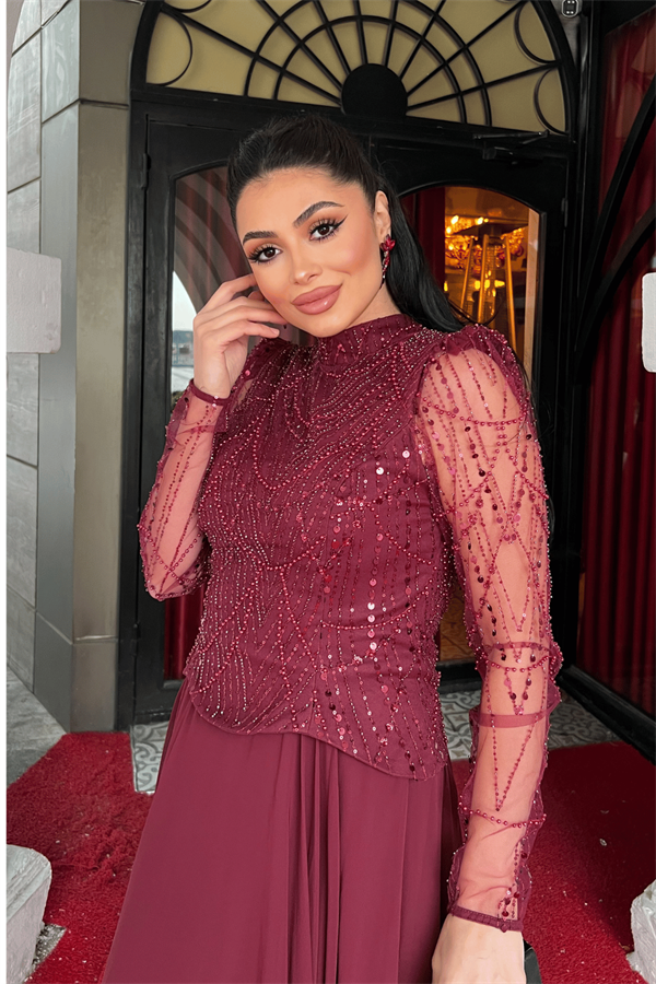 Üst Boncuk Detaylı Alt Şifon Elbise - BORDO