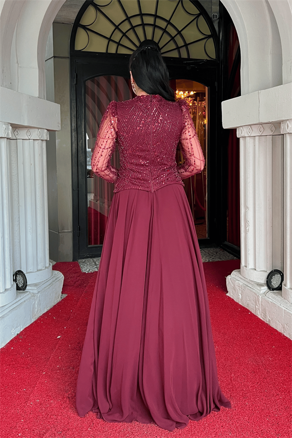 Üst Boncuk Detaylı Alt Şifon Elbise - BORDO