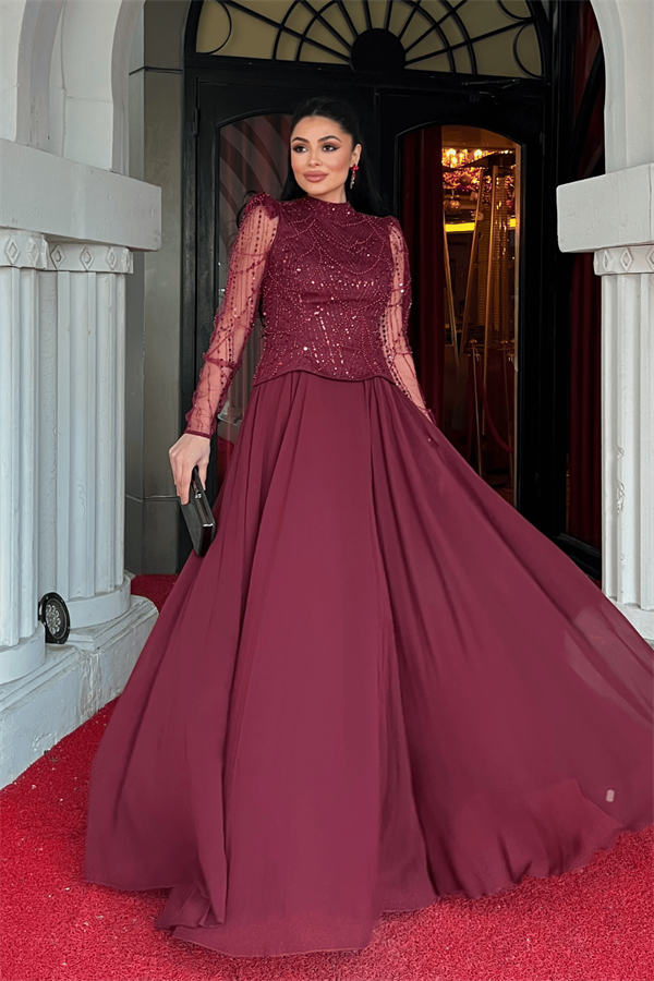 Üst Boncuk Detaylı Alt Şifon Elbise - BORDO