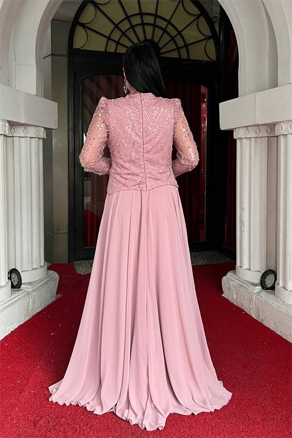 Üst Boncuk Detaylı Alt Şifon Elbise - PUDRA