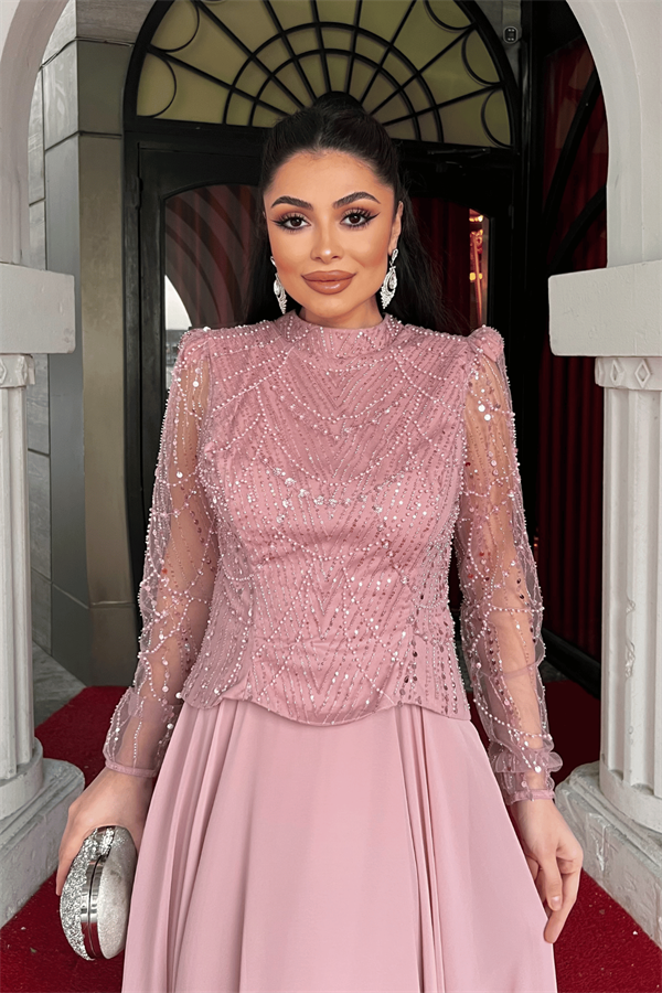 Üst Boncuk Detaylı Alt Şifon Elbise - PUDRA