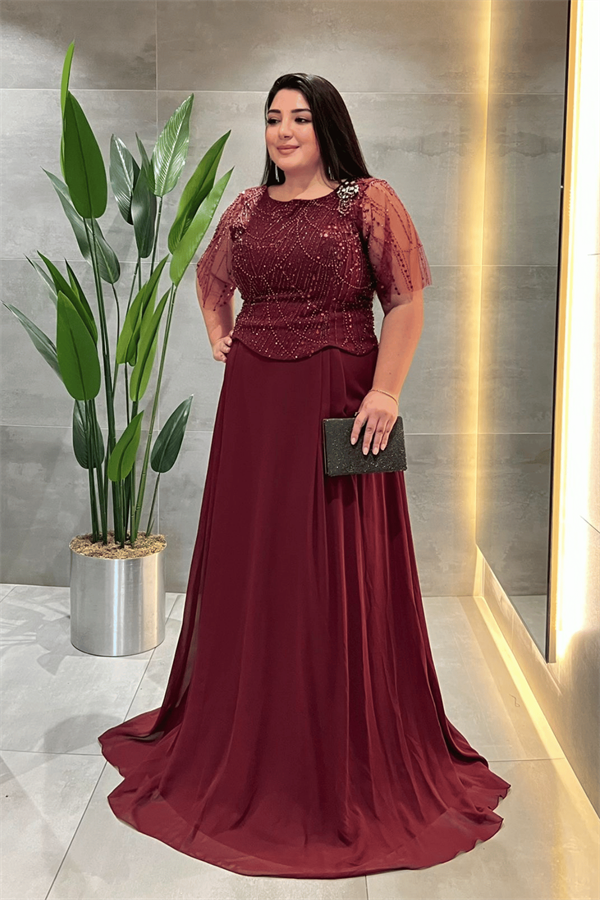 Üst Boncuklu Kumaş Alt Şifon Elbise - BORDO