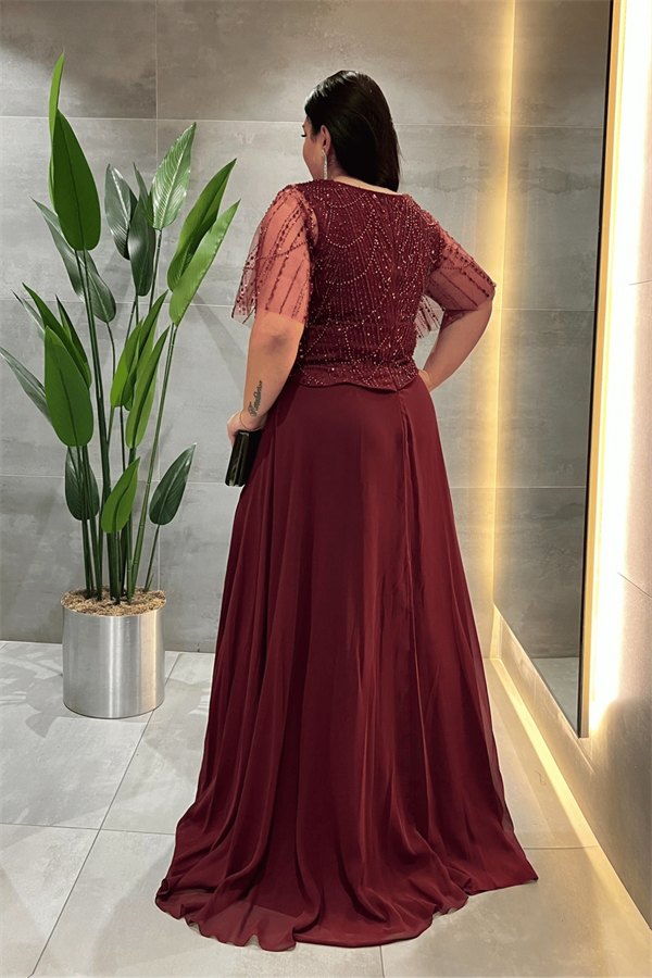 Üst Boncuklu Kumaş Alt Şifon Elbise - BORDO
