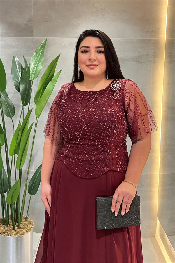 Üst Boncuklu Kumaş Alt Şifon Elbise - BORDO