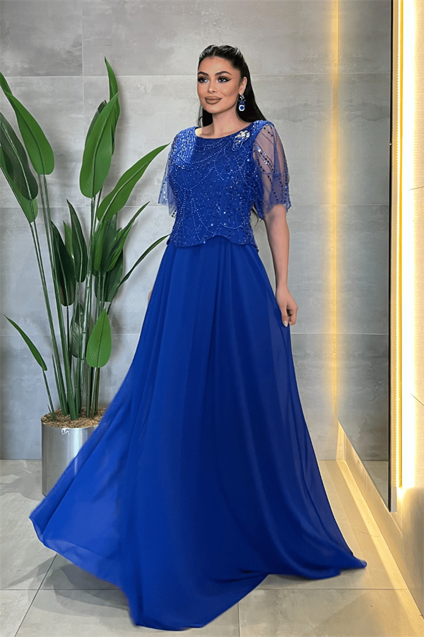 Üst Boncuklu Kumaş Alt Şifon Elbise - SAKS MAVİ