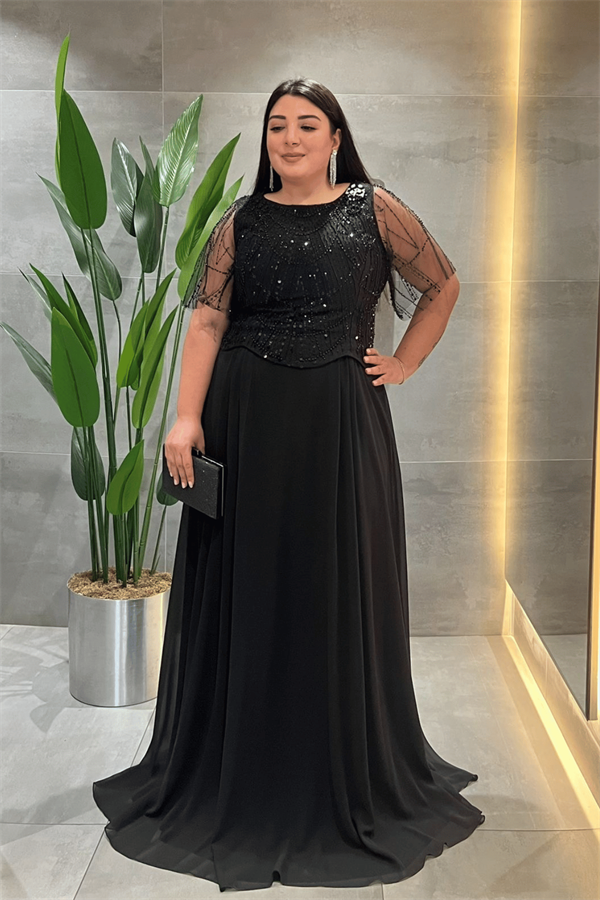 Üst Boncuklu Kumaş Alt Şifon Elbise - SİYAH