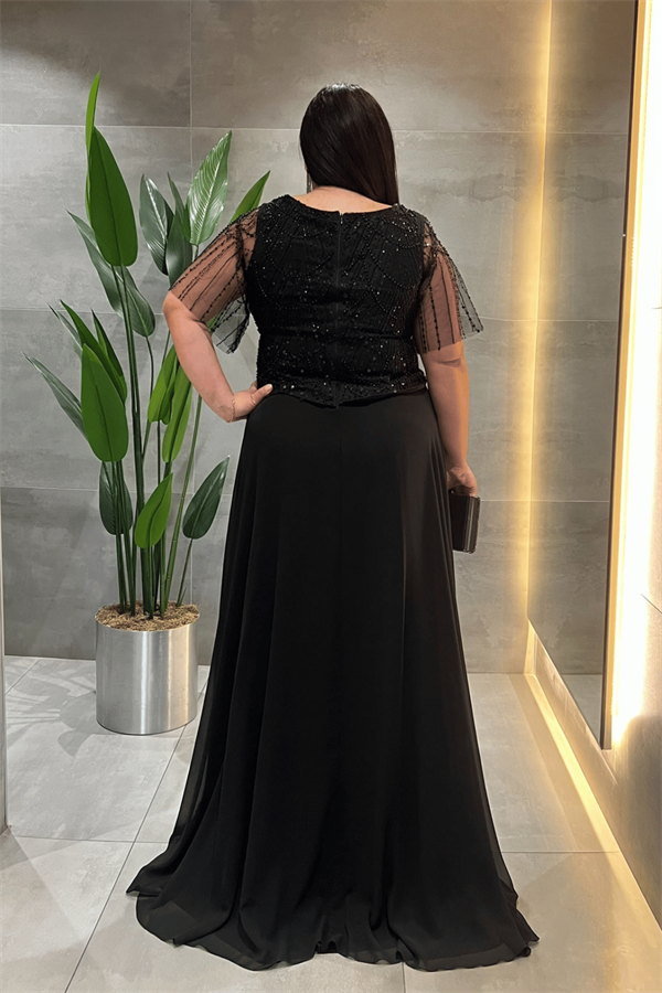 Üst Boncuklu Kumaş Alt Şifon Elbise - SİYAH