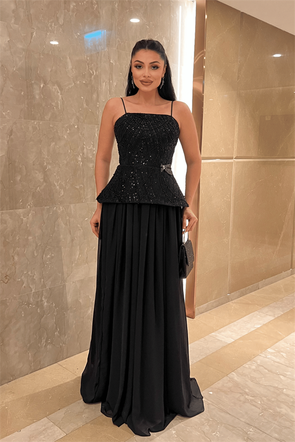 Üst Boncuklu Kumaş Alt Şifon Tasarım Elbise - SİYAH
