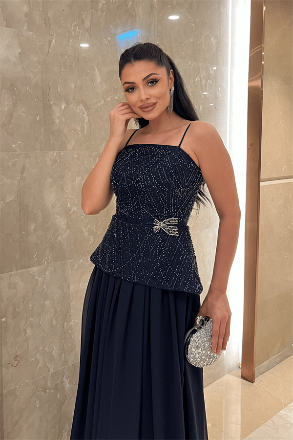 Üst Boncuklu Kumaş Alt Şifon Tasarım Elbise - LACİVERT