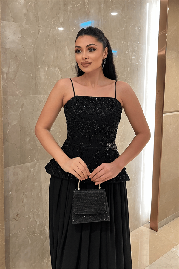 Üst Boncuklu Kumaş Alt Şifon Tasarım Elbise - SİYAH