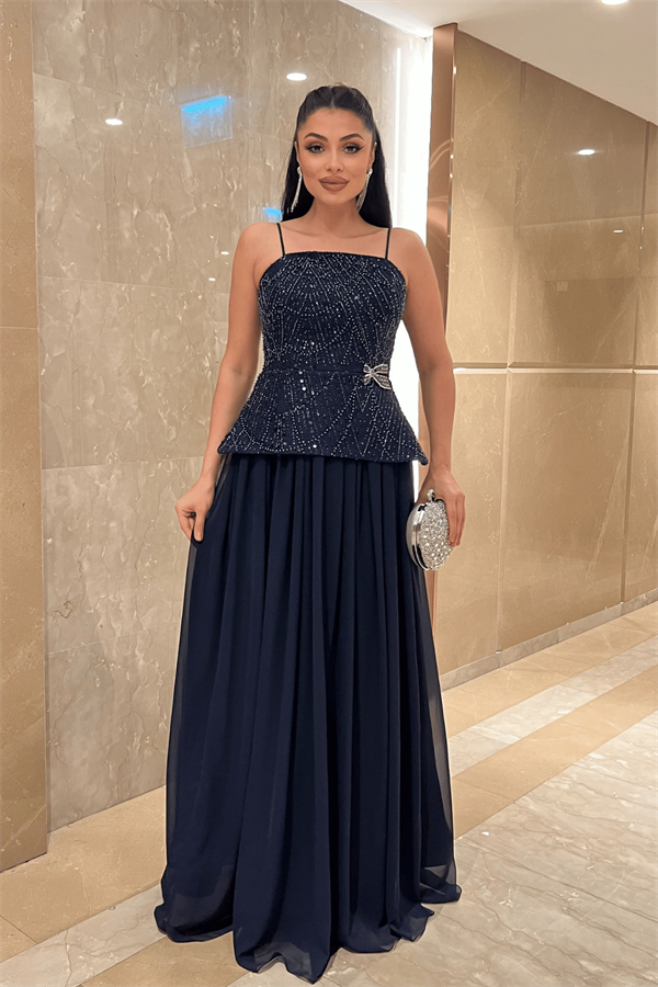 Üst Boncuklu Kumaş Alt Şifon Tasarım Elbise - LACİVERT
