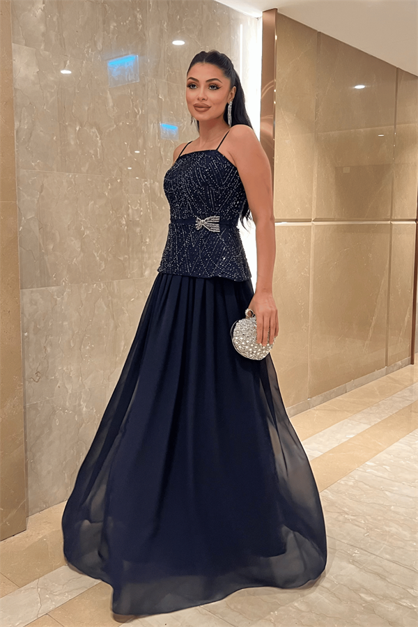 Üst Boncuklu Kumaş Alt Şifon Tasarım Elbise - LACİVERT