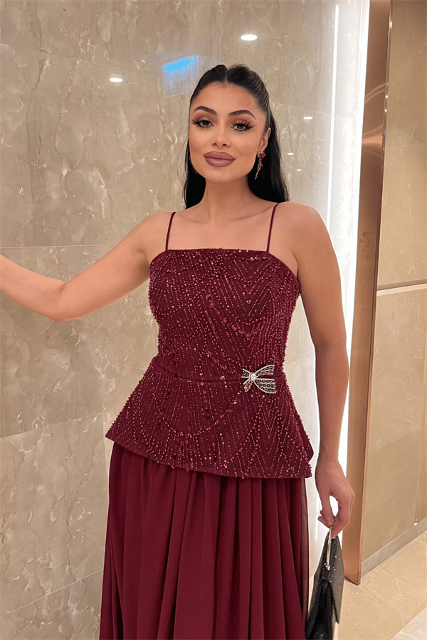 Üst Boncuklu Kumaş Alt Şifon Tasarım Elbise - BORDO