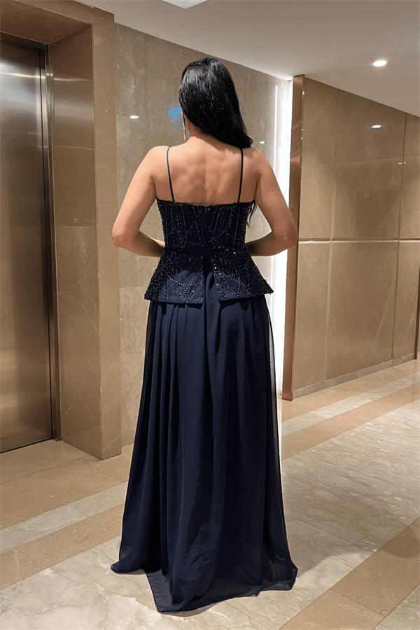 Üst Boncuklu Kumaş Alt Şifon Tasarım Elbise - LACİVERT