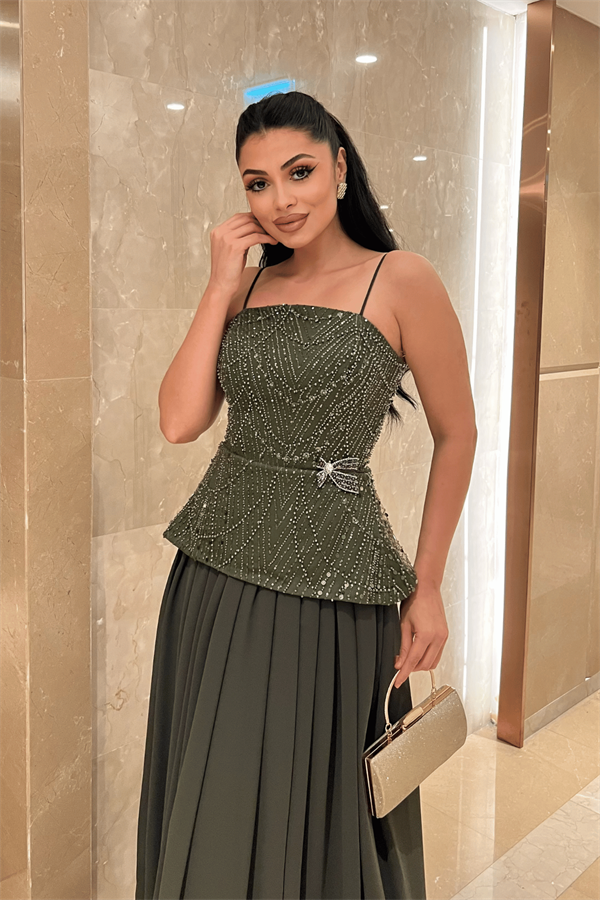 Üst Boncuklu Kumaş Alt Şifon Tasarım Elbise - HAKİ YEŞİLİ