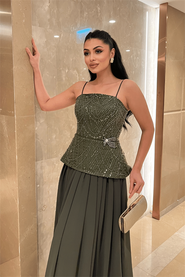 Üst Boncuklu Kumaş Alt Şifon Tasarım Elbise - HAKİ YEŞİLİ