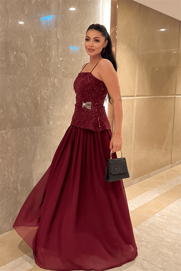 Üst Boncuklu Kumaş Alt Şifon Tasarım Elbise - BORDO