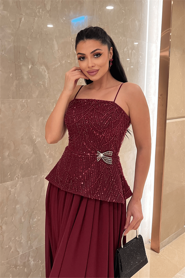 Üst Boncuklu Kumaş Alt Şifon Tasarım Elbise - BORDO
