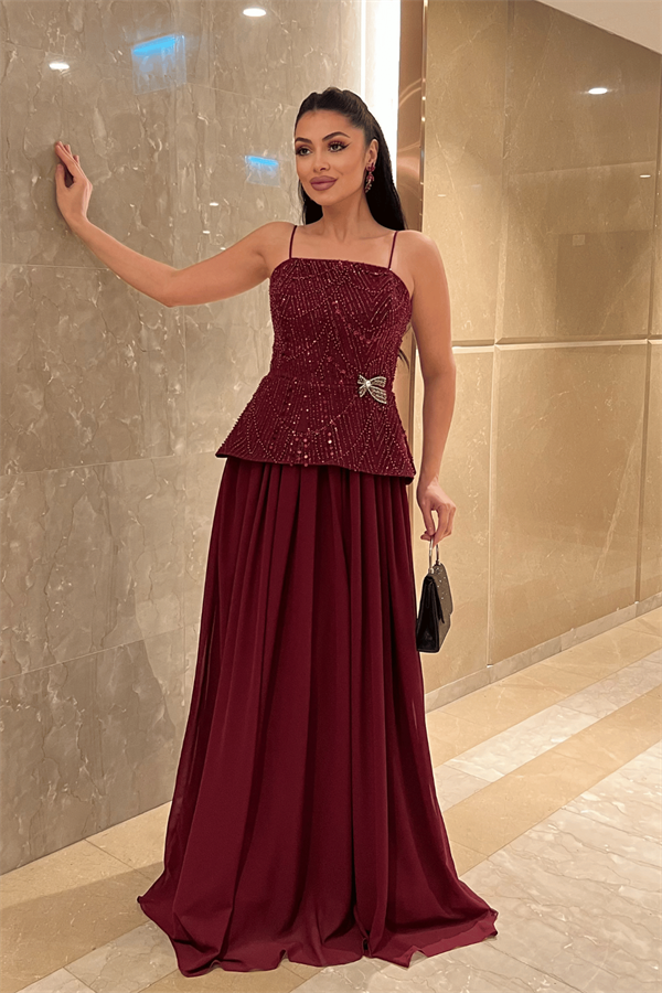 Üst Boncuklu Kumaş Alt Şifon Tasarım Elbise - BORDO