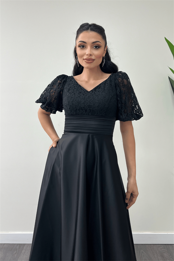 Üst Dantel Alt Saten Detaylı Midi Elbise - SİYAH