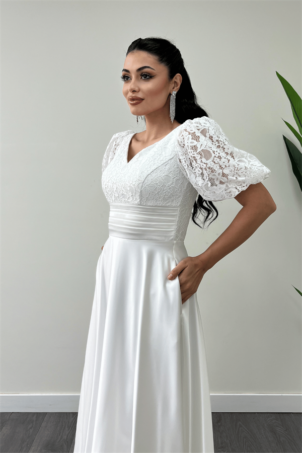 Üst Dantel Alt Saten Detaylı Midi Elbise - BEYAZ