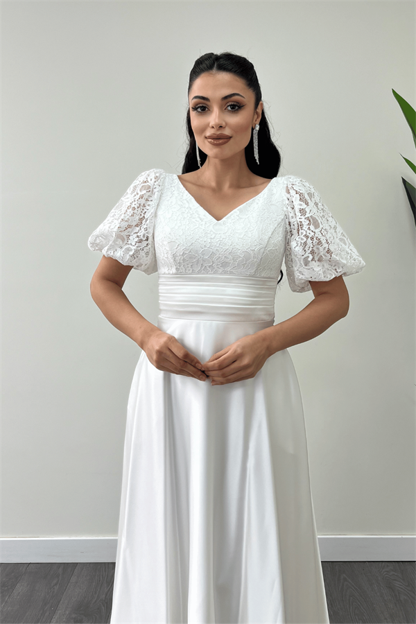 Üst Dantel Alt Saten Detaylı Midi Elbise - BEYAZ