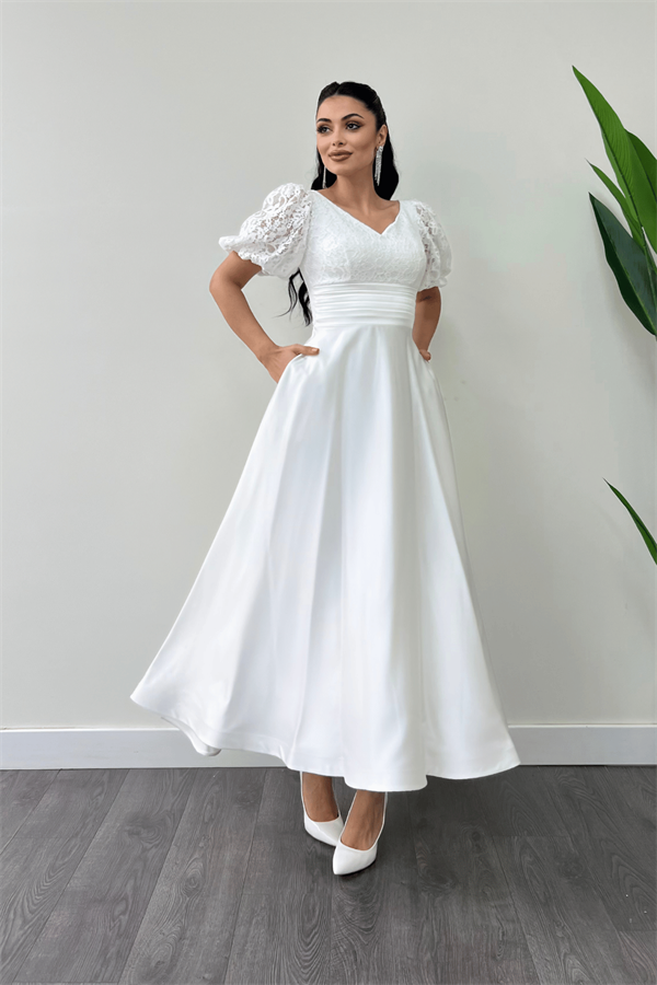 Üst Dantel Alt Saten Detaylı Midi Elbise - BEYAZ