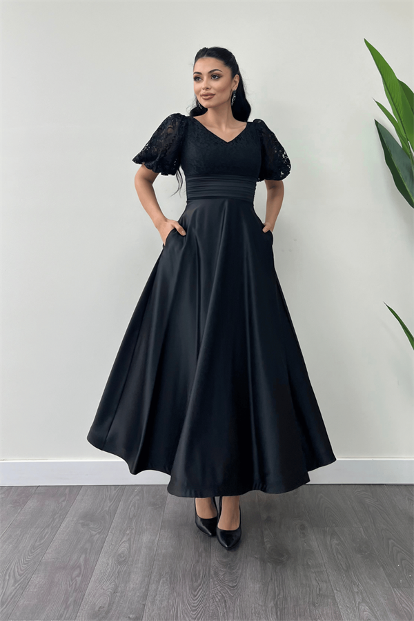 Üst Dantel Alt Saten Detaylı Midi Elbise - SİYAH