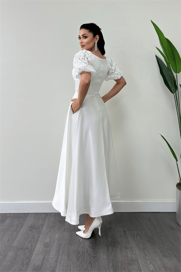 Üst Dantel Alt Saten Detaylı Midi Elbise - BEYAZ