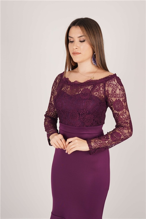 Top Guipure Bottom Scuba Skirt Flywheel Dress  - Eggplant Color