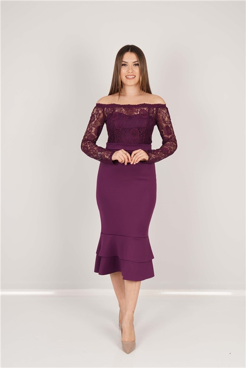 Top Guipure Bottom Scuba Skirt Flywheel Dress  - Eggplant Color