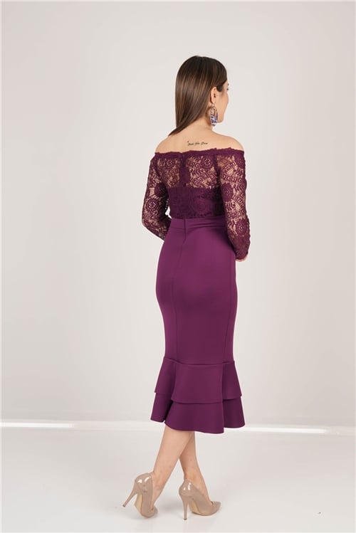 Top Guipure Bottom Scuba Skirt Flywheel Dress  - Eggplant Color