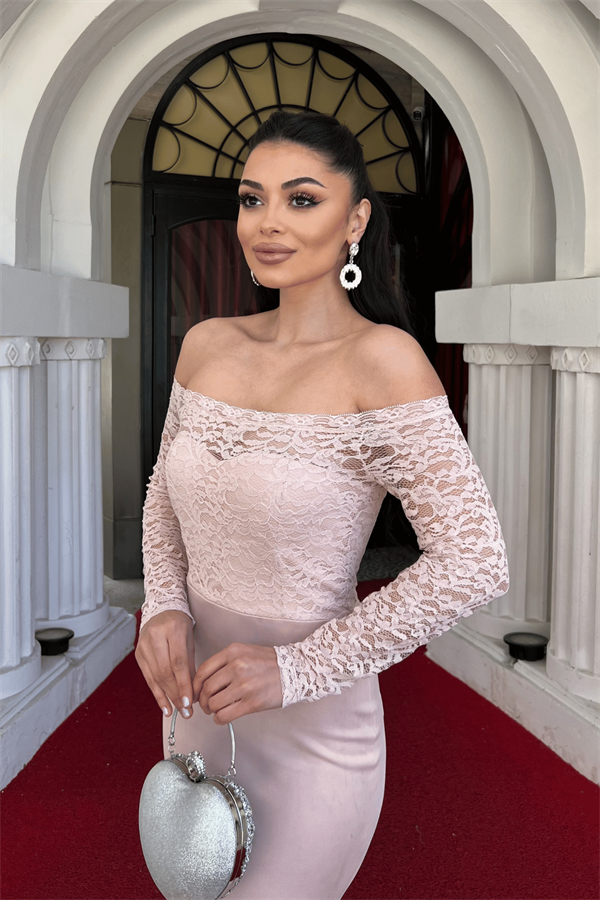 Top Guipure Bottom Scuba Skirt Flywheel Dress  - Powder