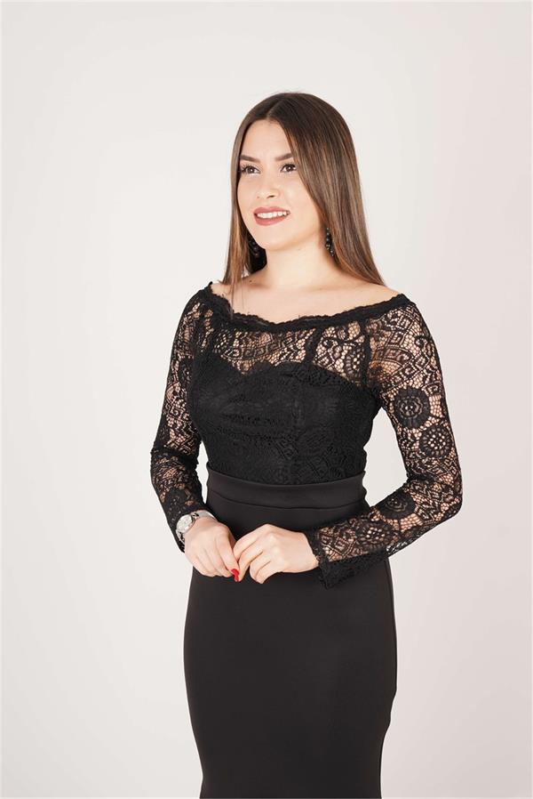 Top Guipure Bottom Scuba Skirt Flywheel Dress  - Black