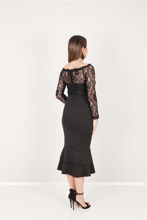 Top Guipure Bottom Scuba Skirt Flywheel Dress  - Black