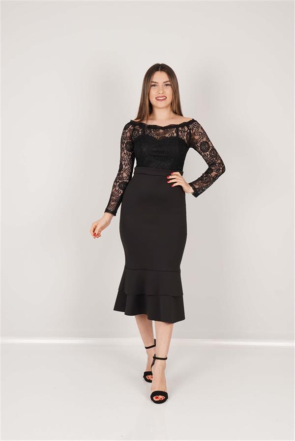 Top Guipure Bottom Scuba Skirt Flywheel Dress  - Black