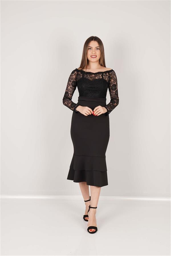 Top Guipure Bottom Scuba Skirt Flywheel Dress  - Black
