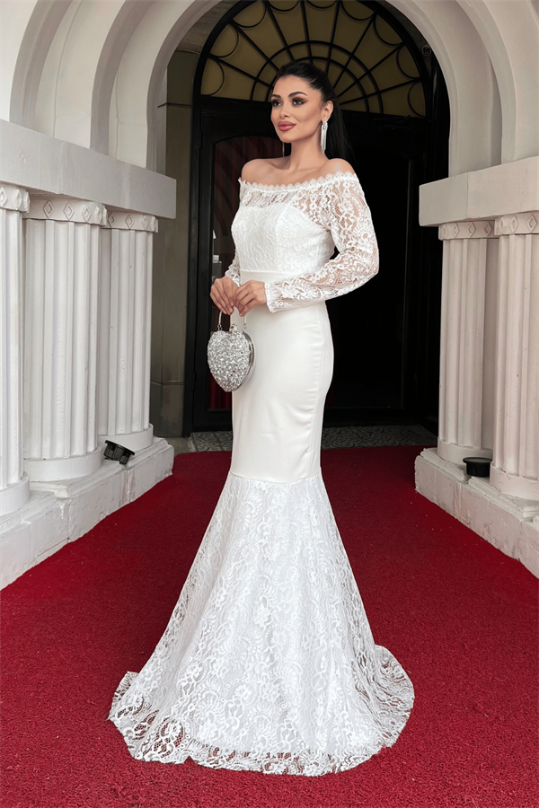 Üst Güpür Dantel Alt Double Kumaş Kayık Yaka Abiye Elbise - BEYAZ