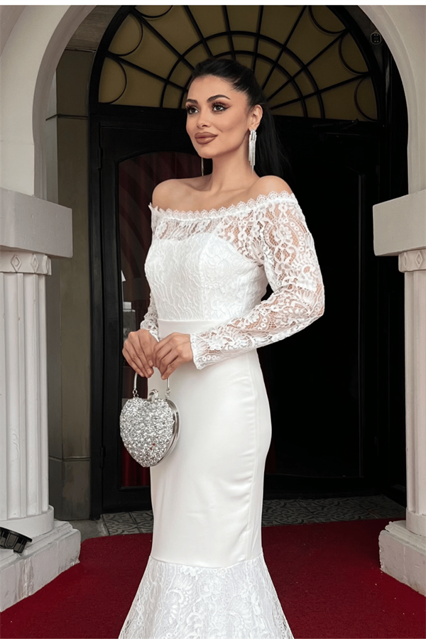 Üst Güpür Dantel Alt Double Kumaş Kayık Yaka Abiye Elbise - BEYAZ