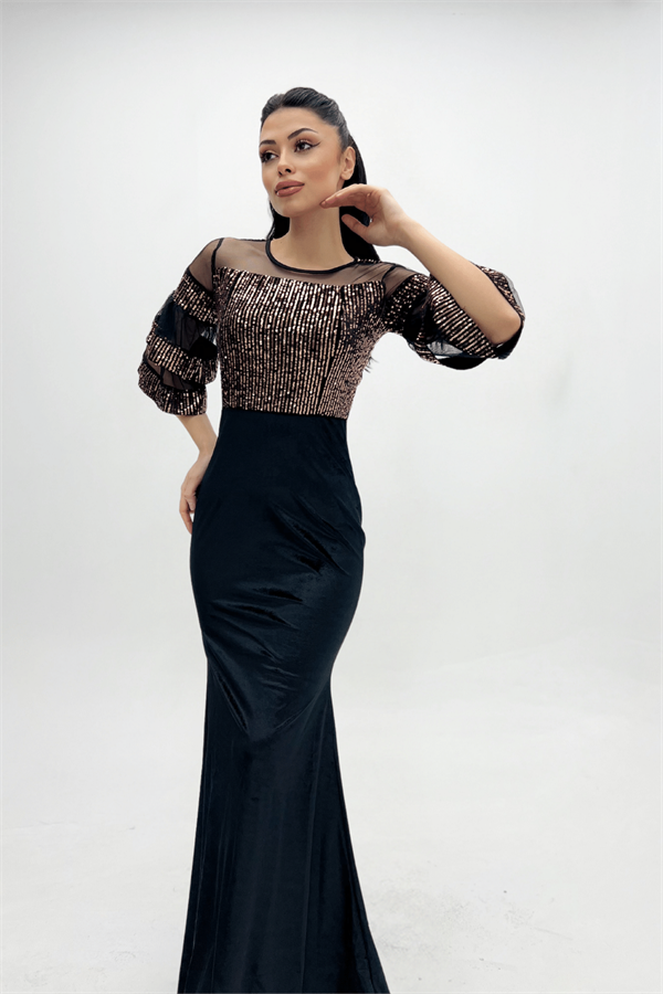 Upper Sequin Bottom Velvet Evening Dress Bronze