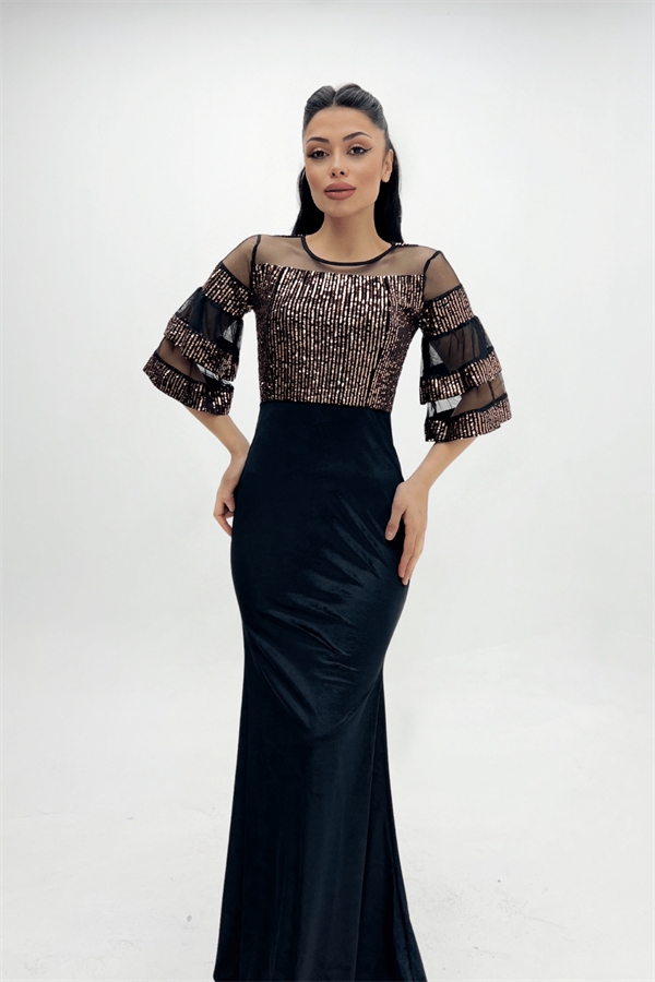 Upper Sequin Bottom Velvet Evening Dress Bronze