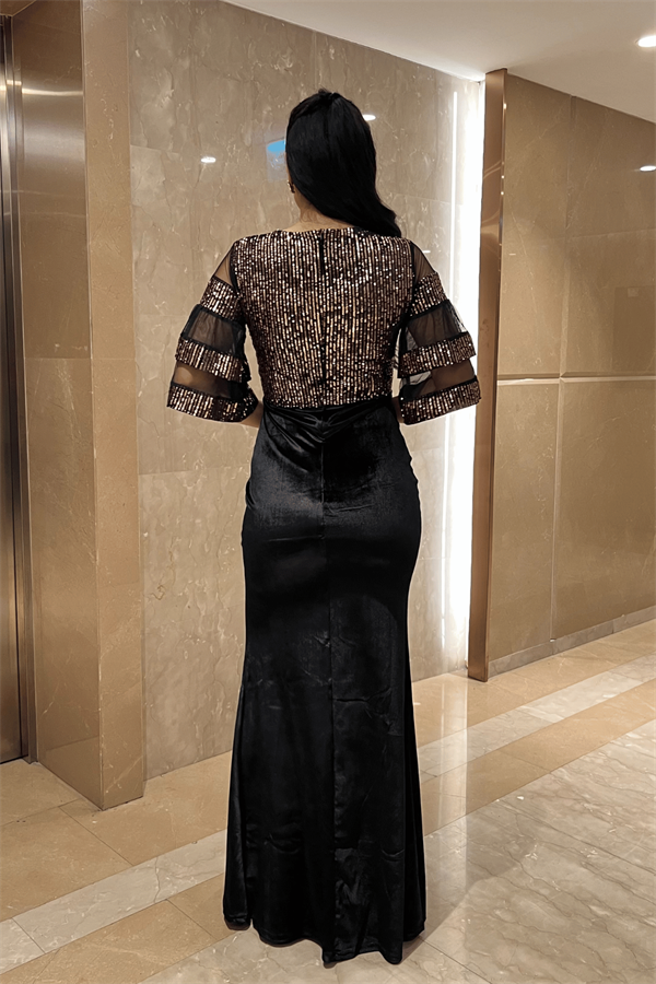 Üst Payet Alt Kadife Abiye Elbise  - Bronz