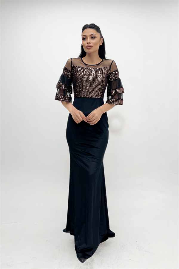 Upper Sequin Bottom Velvet Evening Dress Bronze
