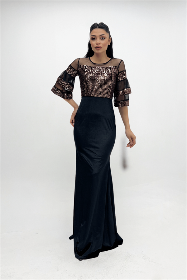 Upper Sequin Bottom Velvet Evening Dress Bronze
